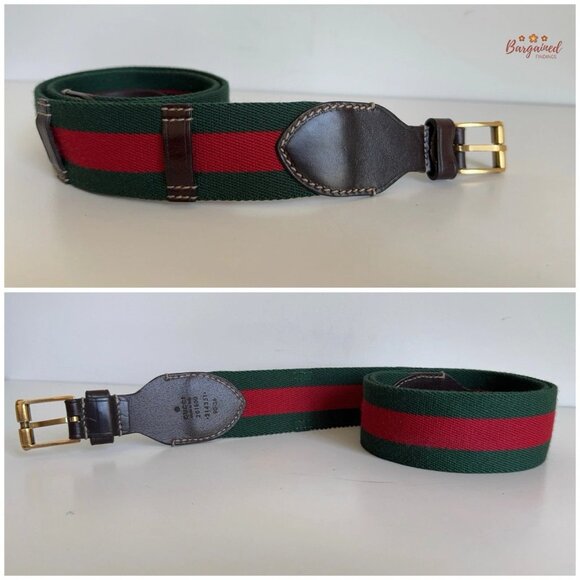 Auth Gucci Web Green/Red Canvas Brown Leather Gold Buckle Belt 90/36 - Picture 10 of 14